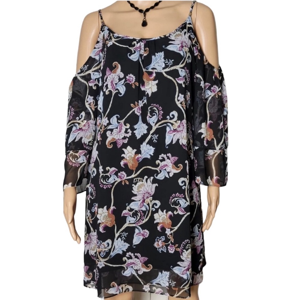 White House Black Market Black Floral Cold Shoulder Boho Casual Dress Sz Medium